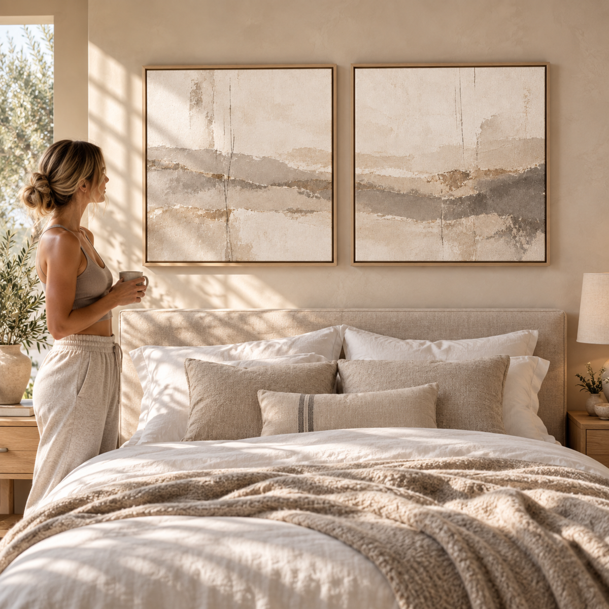 Quiet Terrain framed canvas pair in a living room