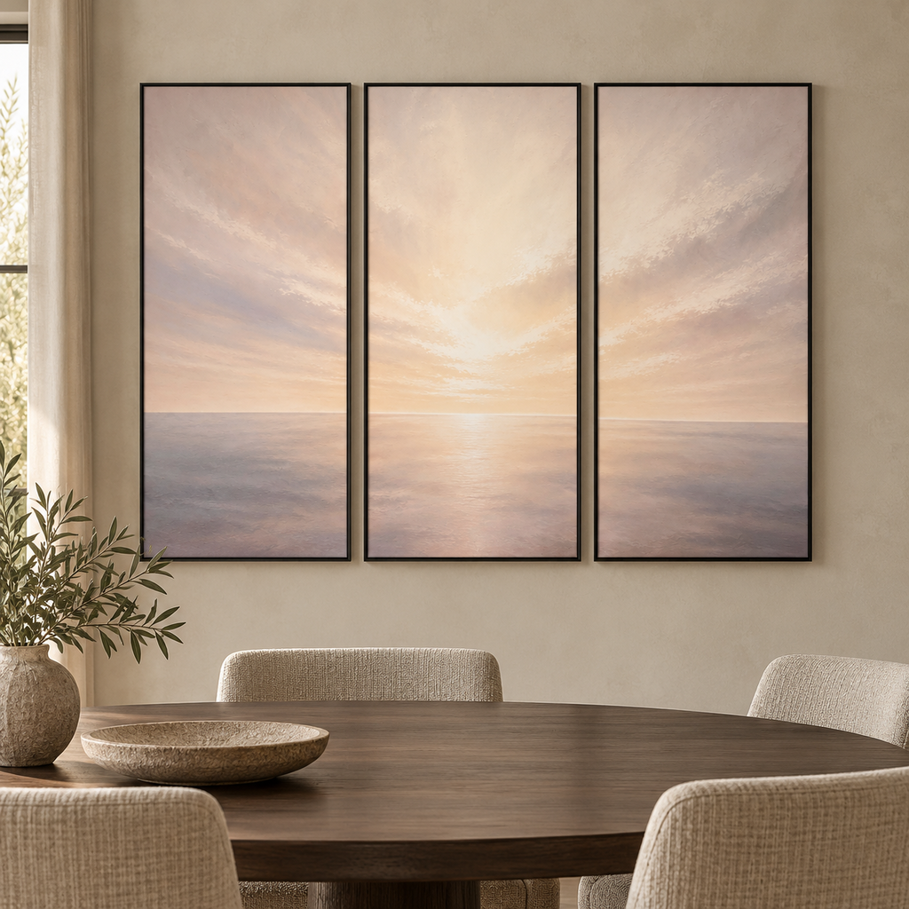 Where Light Rests Triptych in a warm dining room