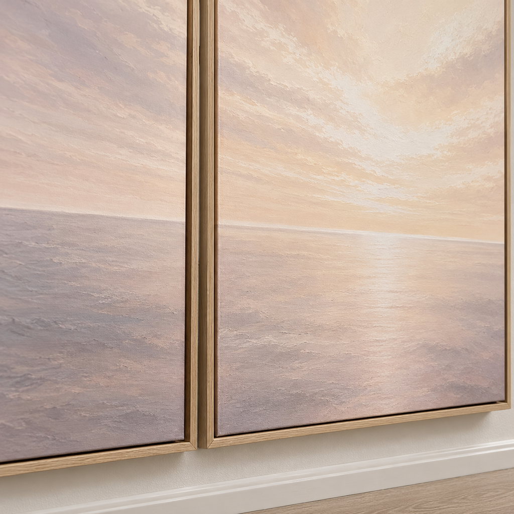 Where Light Rests Triptych in a light oak floating frame