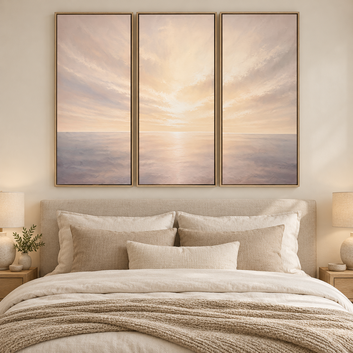 Where Light Rests Triptych above a linen bed
