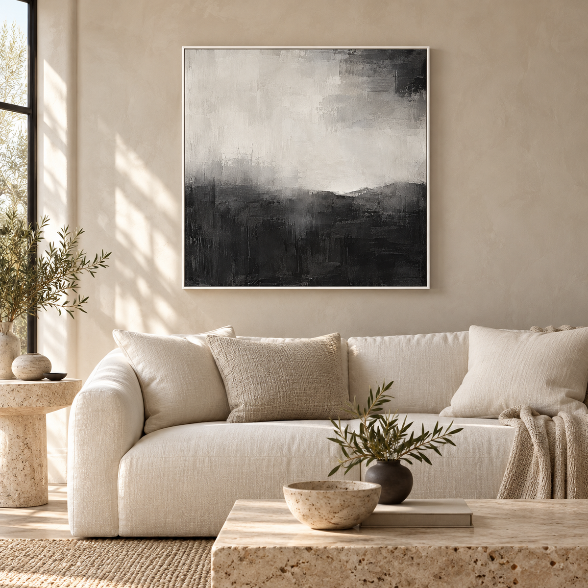 Ashen Horizon monochrome abstract framed canvas - view 1