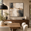 Assemblage square abstract framed canvas in a warm neutral dining room