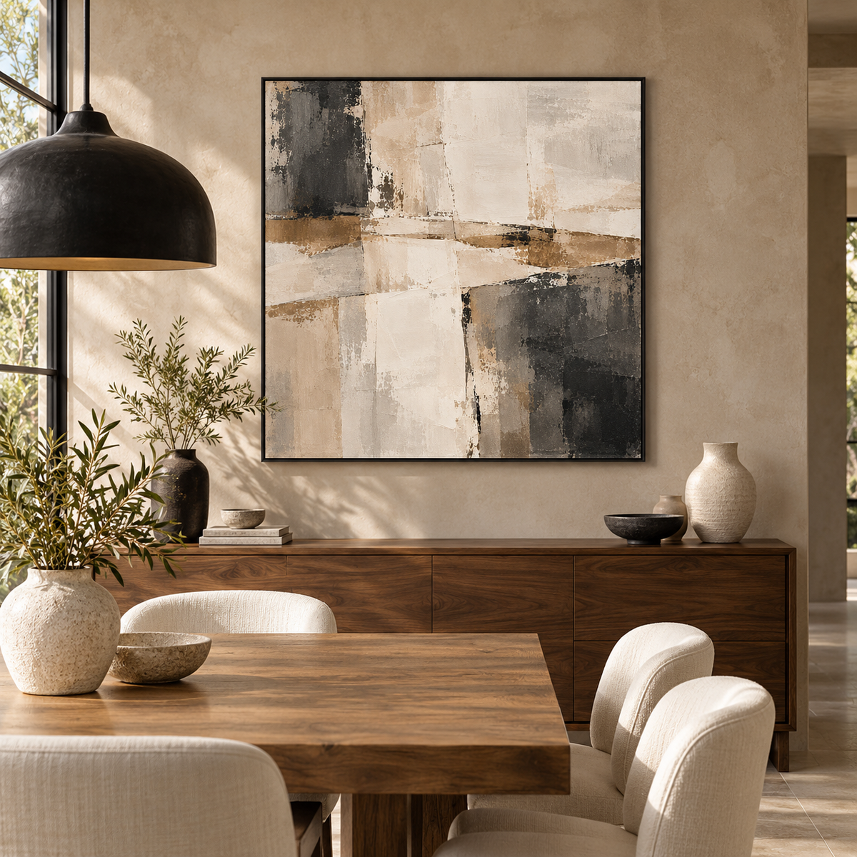 Assemblage square abstract framed canvas in a warm neutral dining room