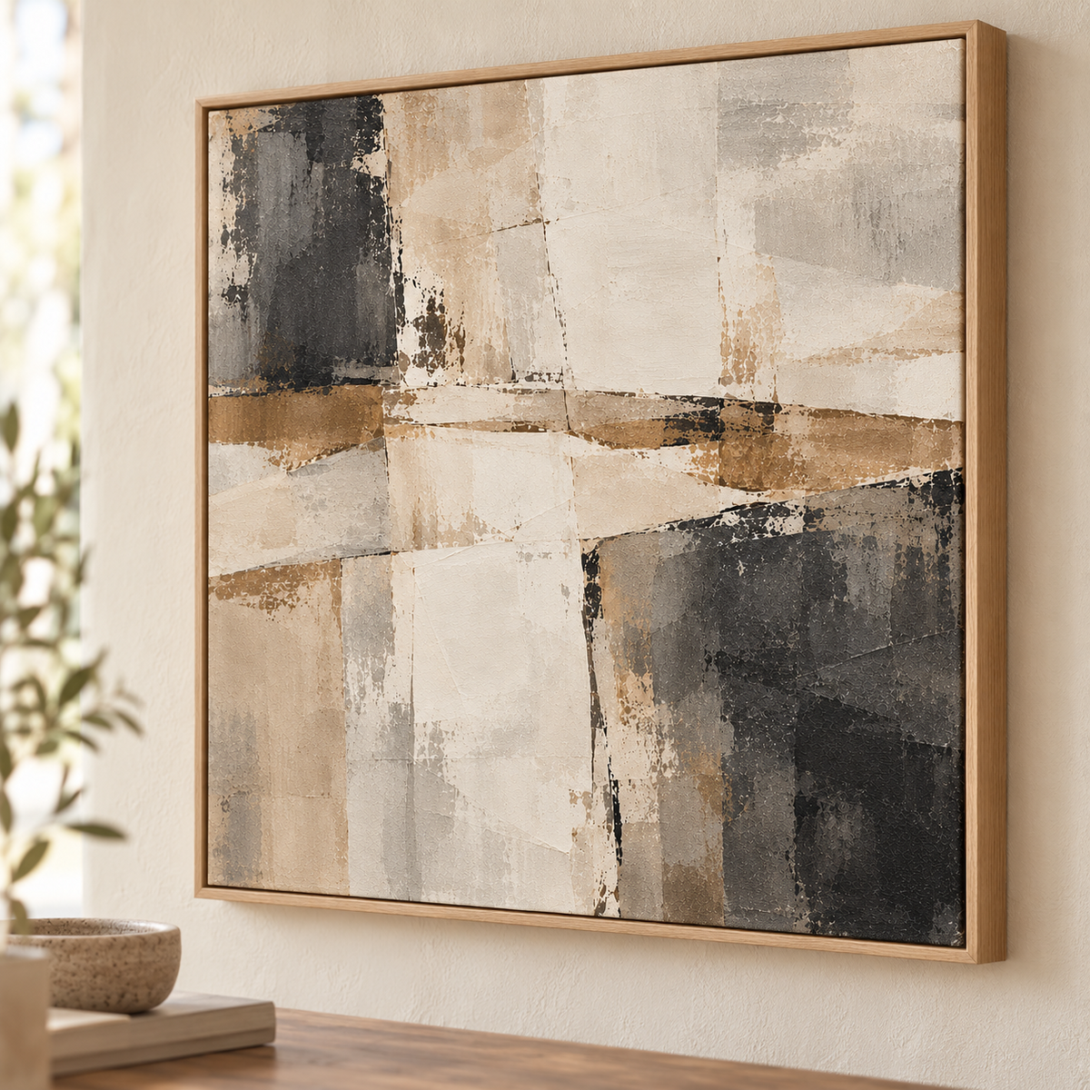 Assemblage abstract canvas close-up in a light oak floating frame