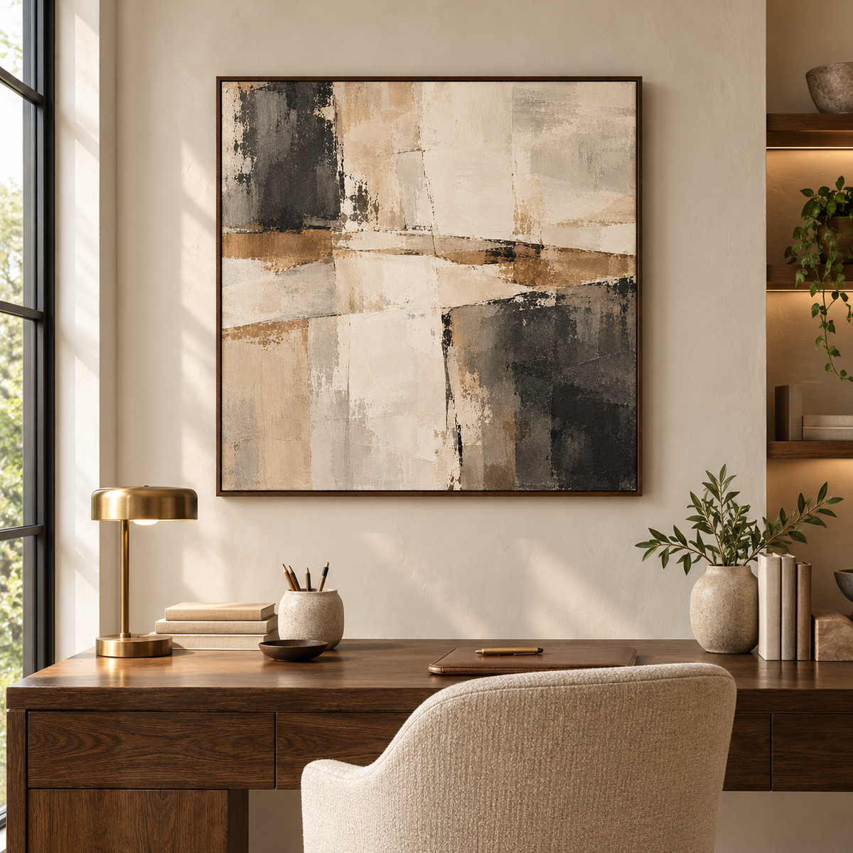 Assemblage framed abstract canvas above a home office desk