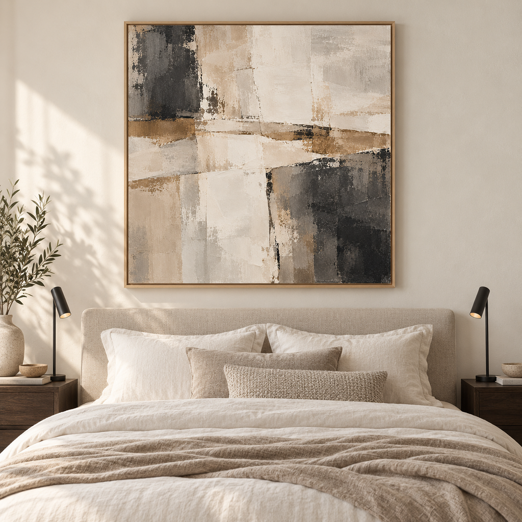 Assemblage neutral abstract canvas above a bed
