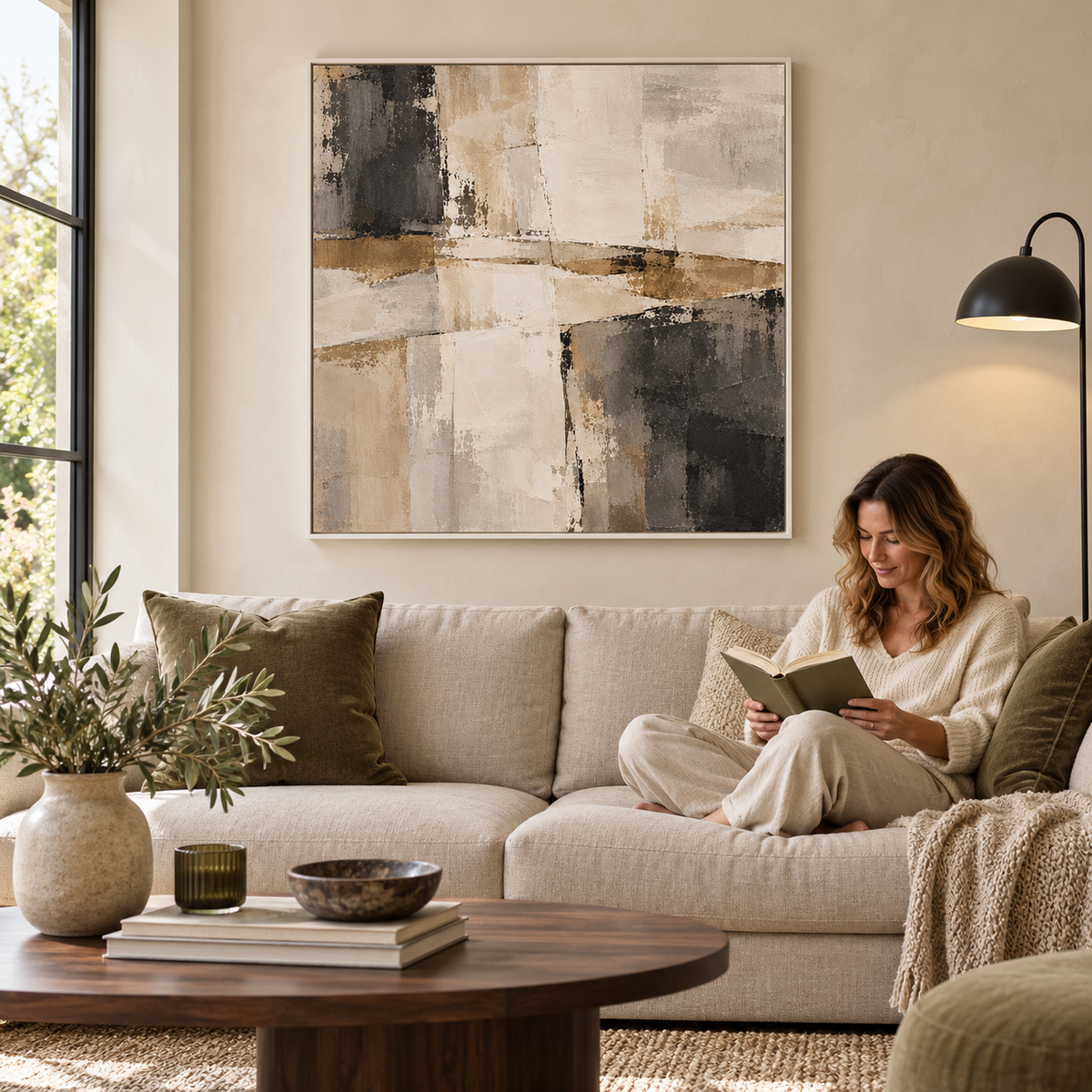 Assemblage framed canvas in a neutral living room