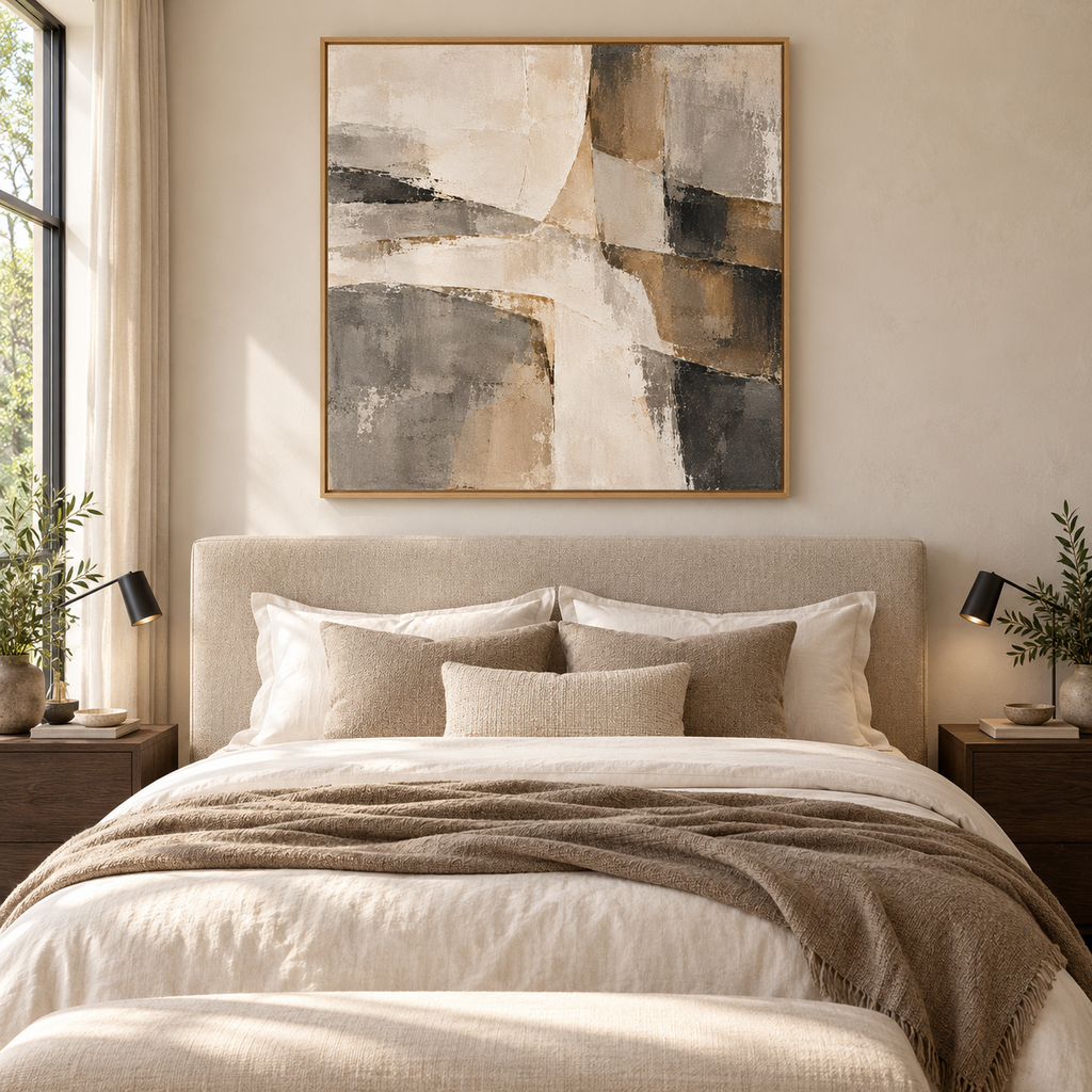 Contour abstract canvas above a neutral bed