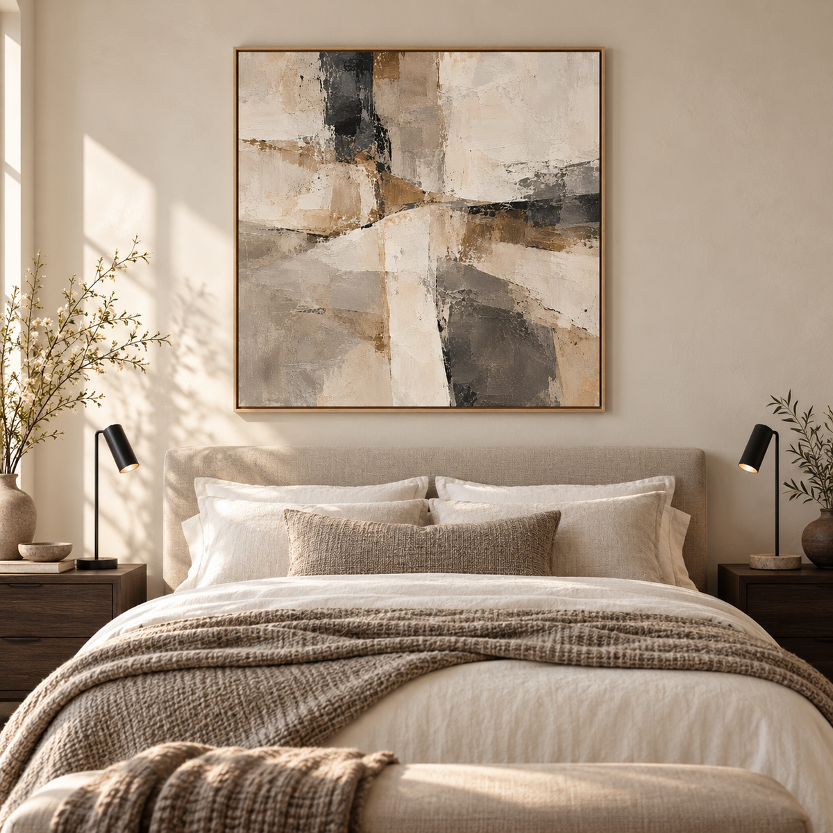 Contour abstract canvas in a neutral bedroom