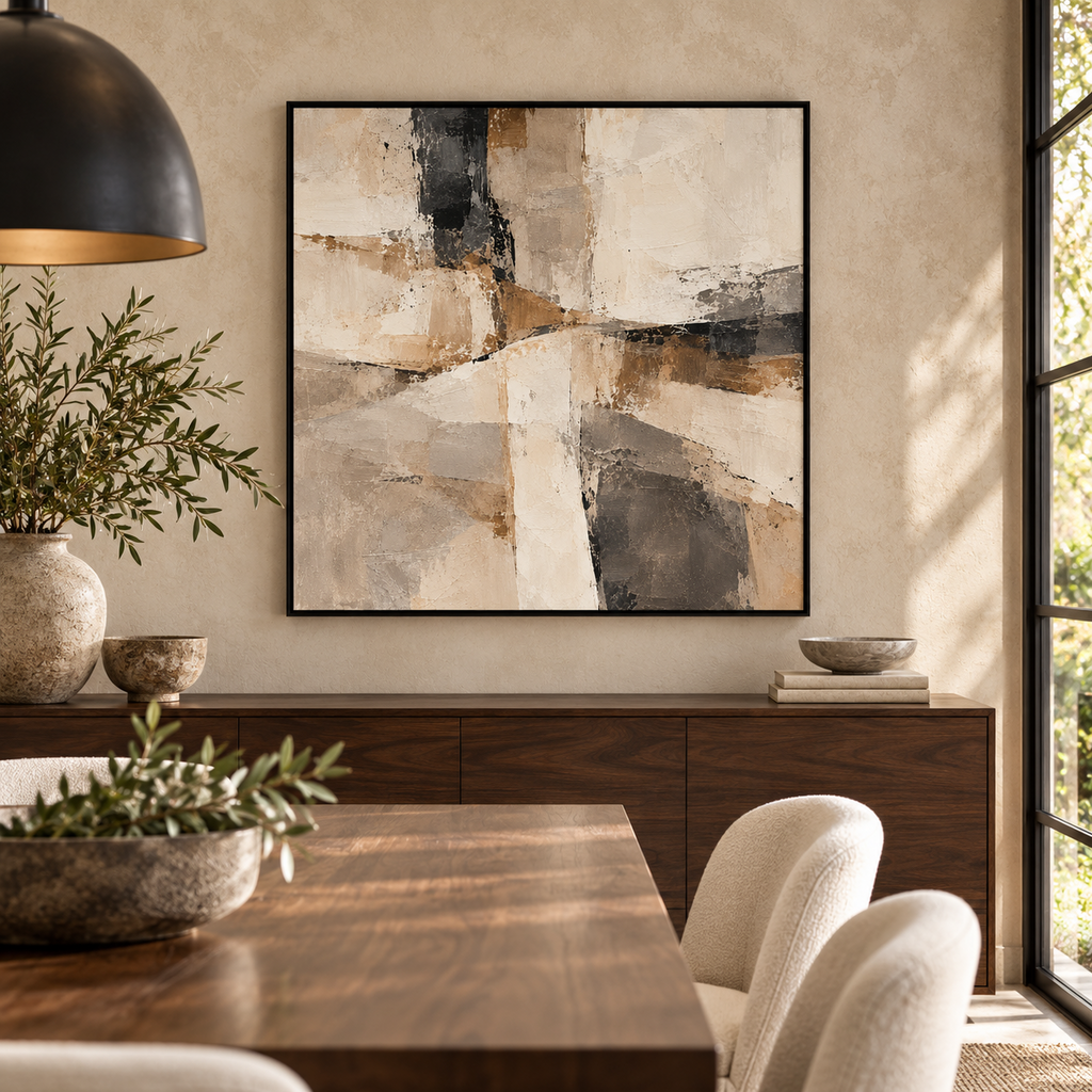 Contour abstract canvas in black float frame above a walnut sideboard
