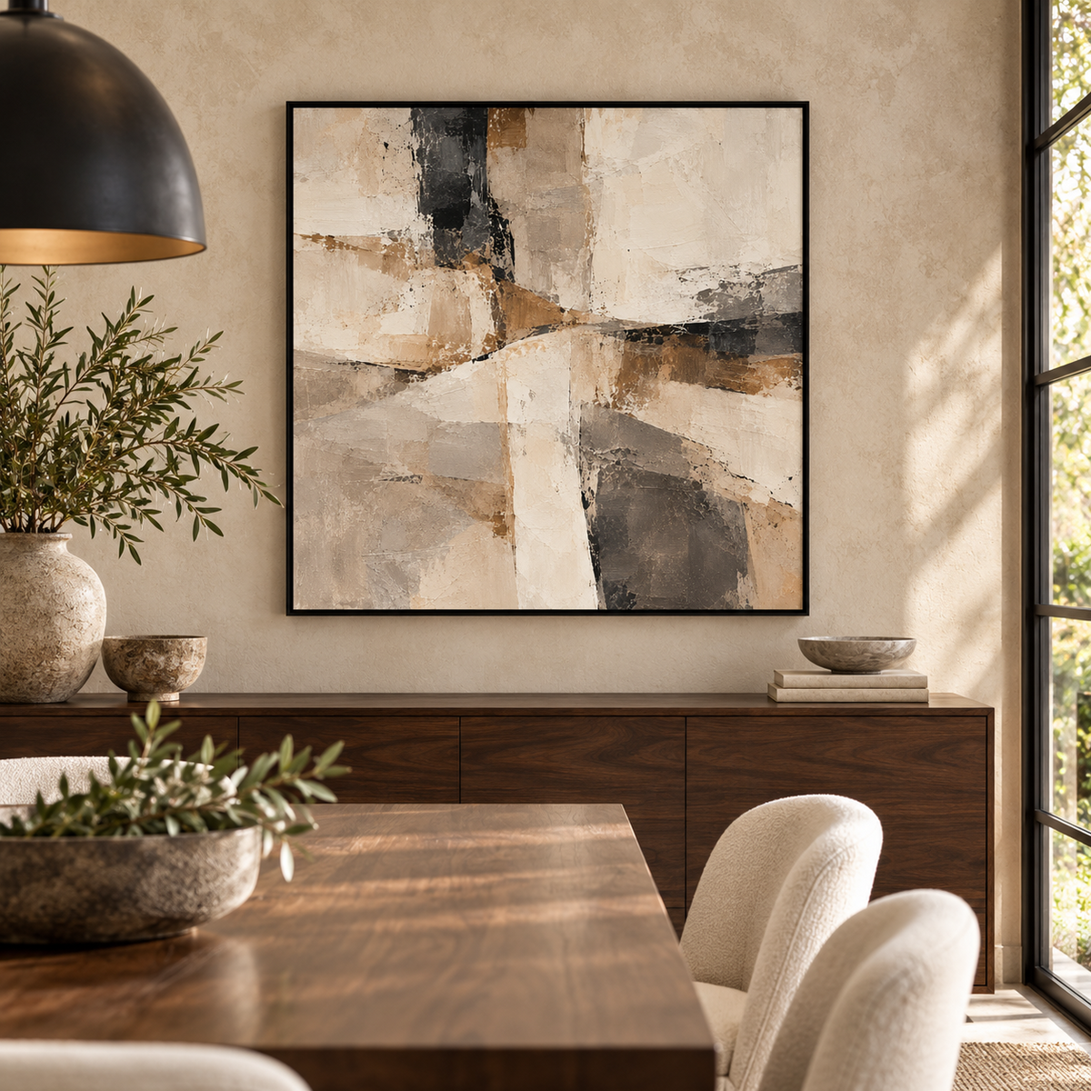 Contour abstract canvas in black float frame above a walnut sideboard
