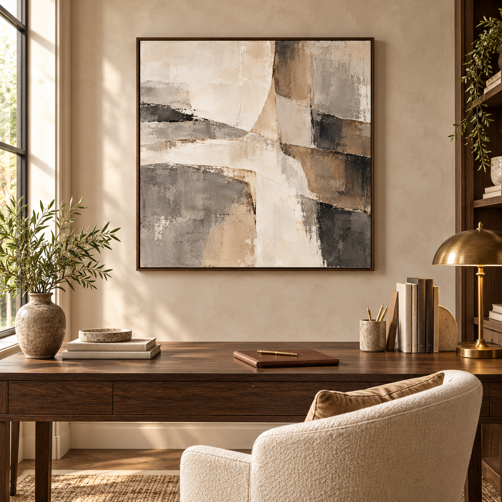 Contour abstract canvas above a dark oak desk
