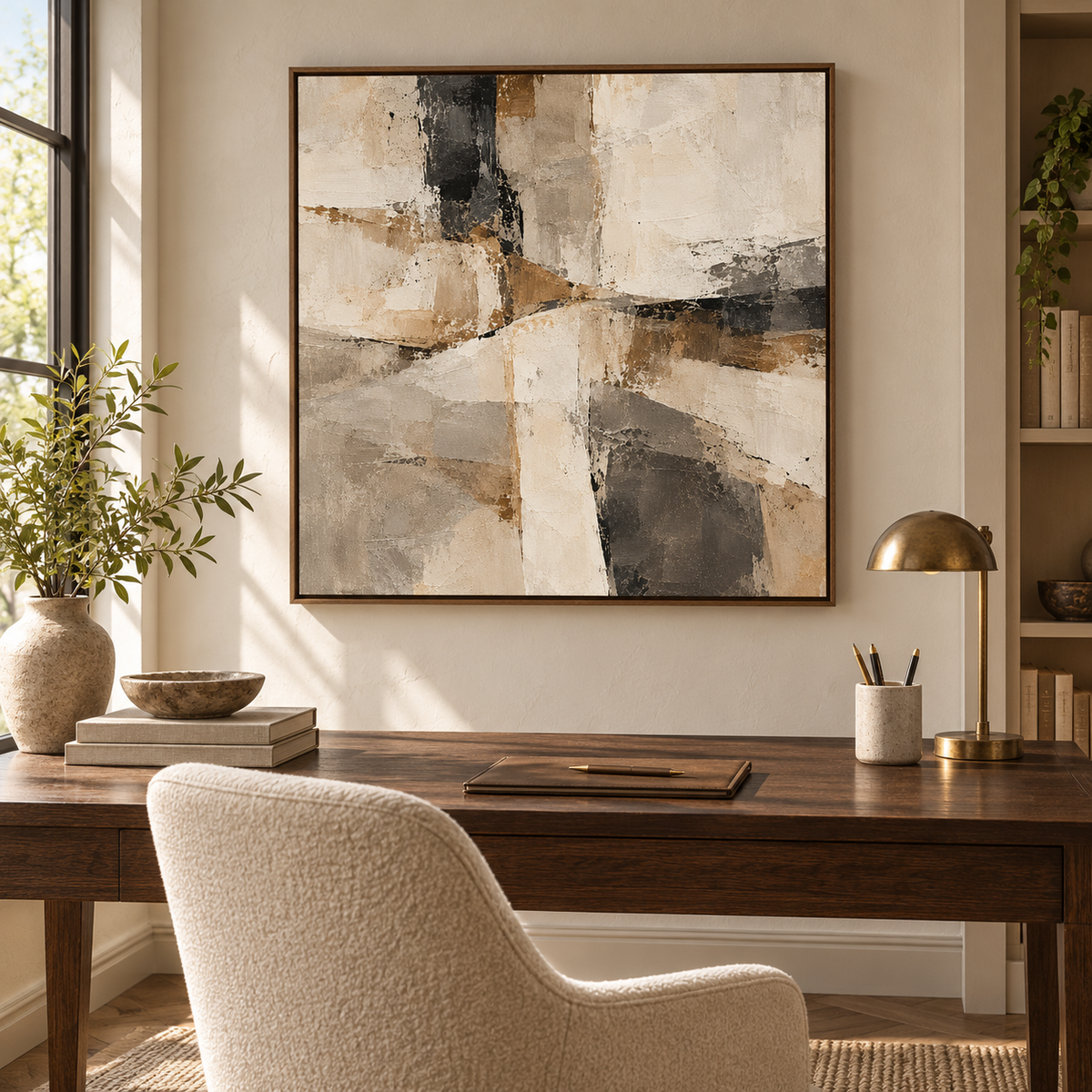 Contour abstract canvas in a warm home office