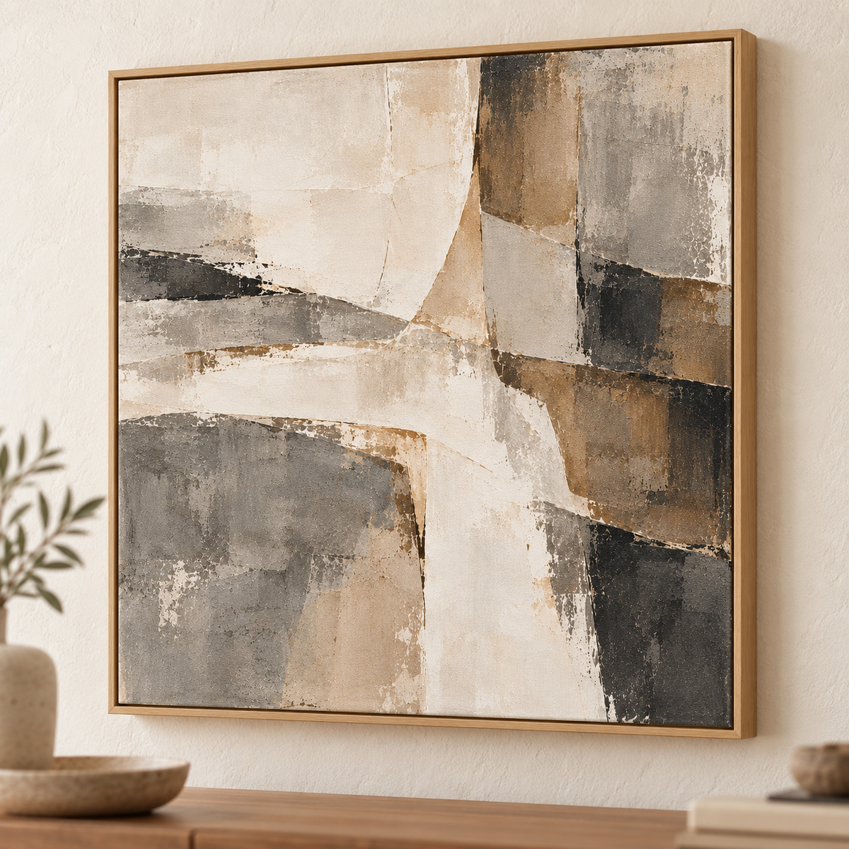 Contour abstract canvas in a light oak floating frame