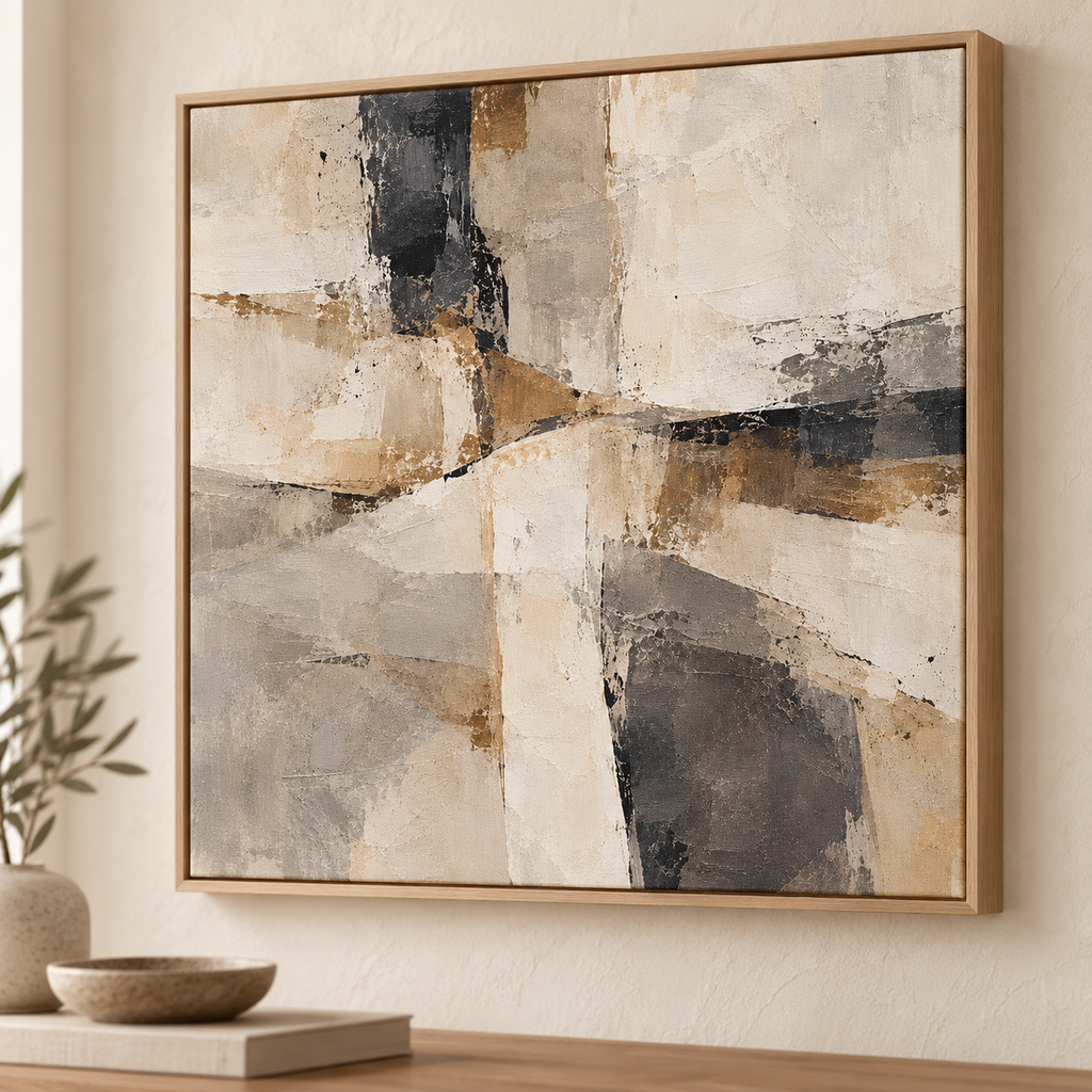 Contour abstract canvas close-up in light oak float frame