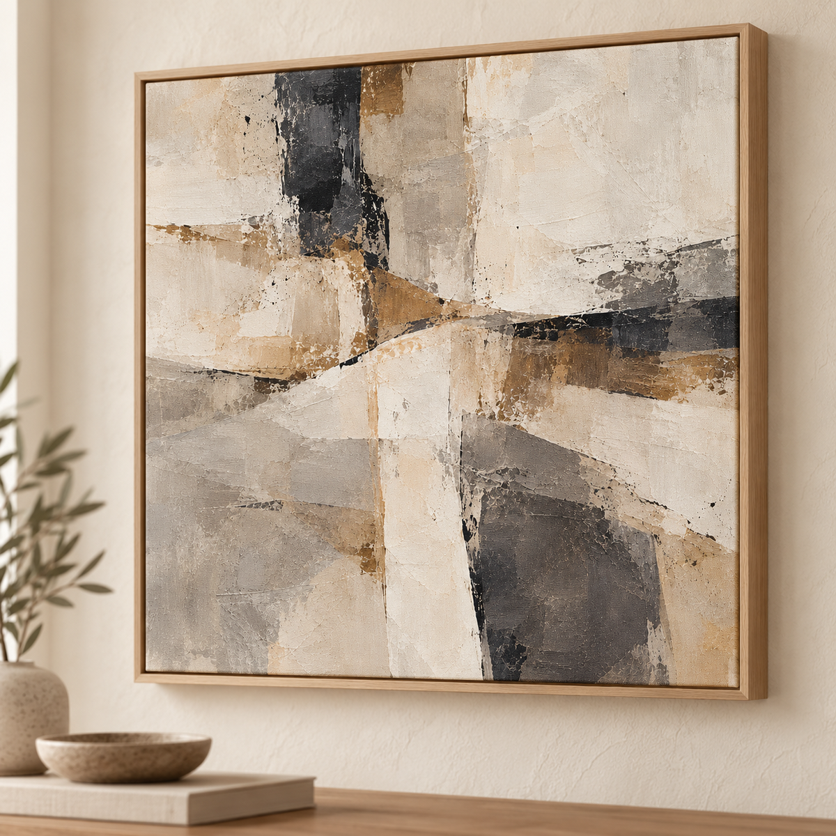 Contour abstract canvas close-up in light oak float frame