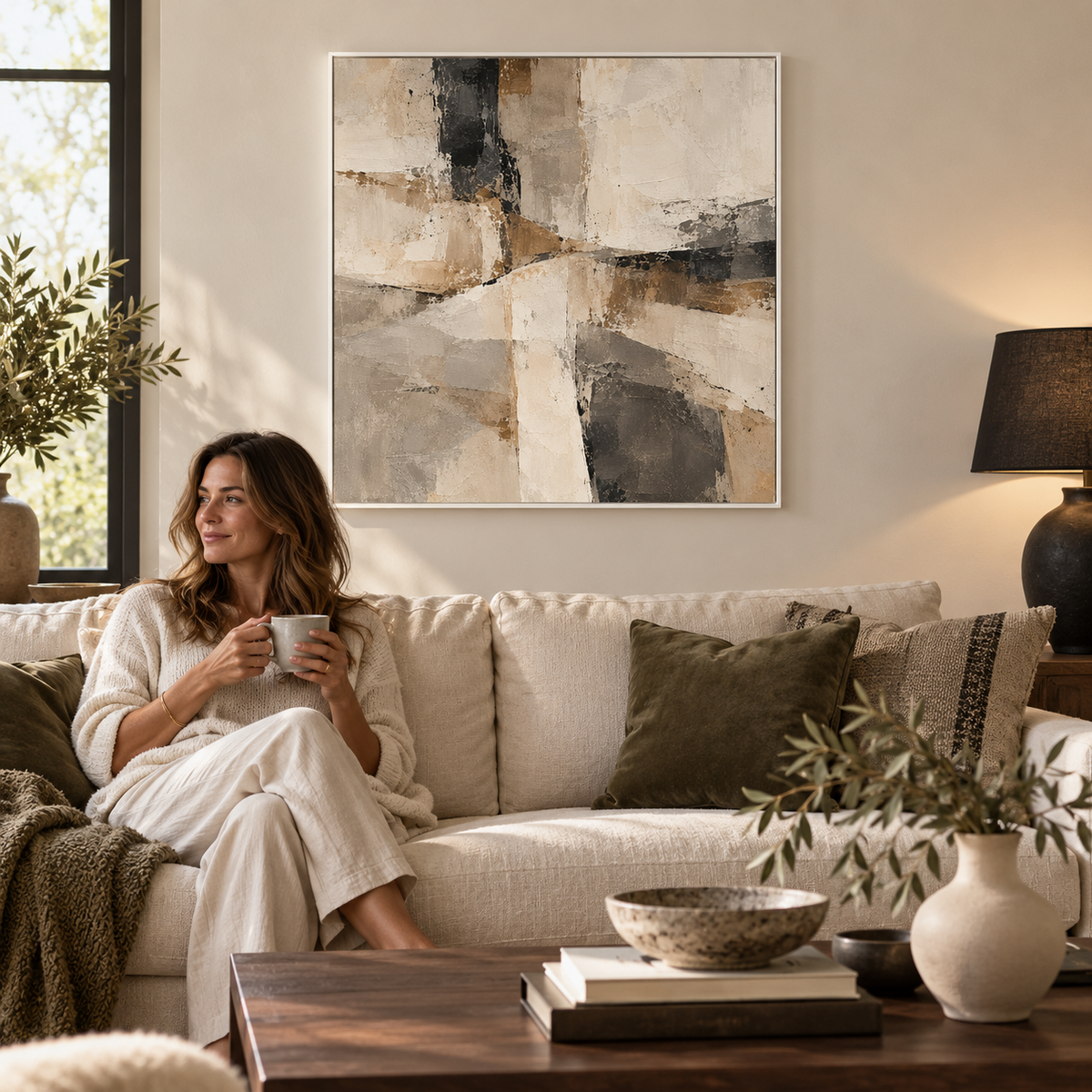 Contour abstract canvas in white float frame above a neutral sofa