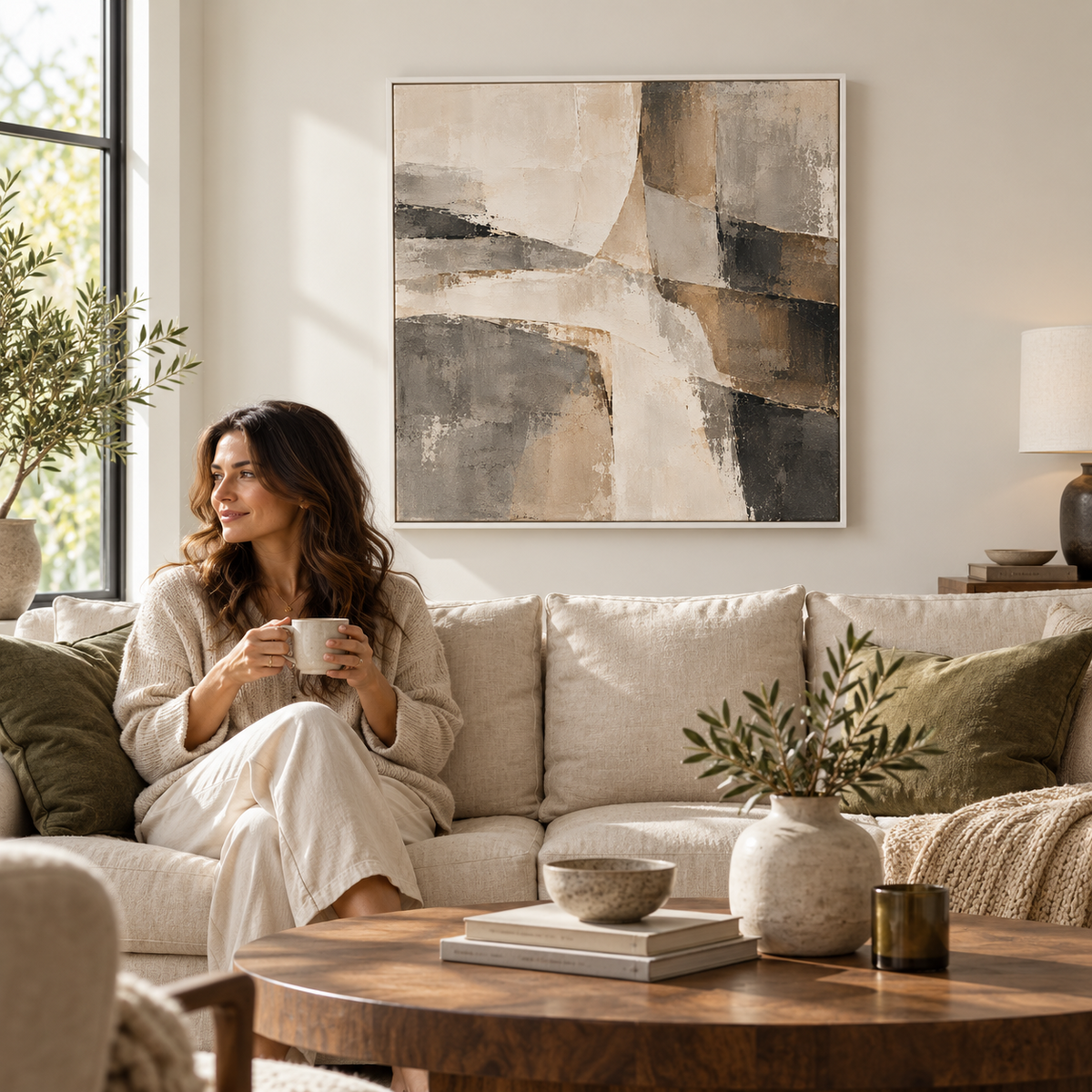 Contour framed canvas in a warm neutral living room
