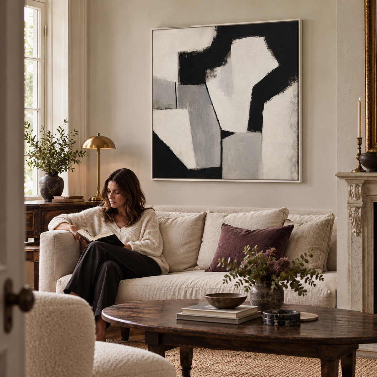 Monolith black white and grey abstract framed canvas by CNVS Art Studio
