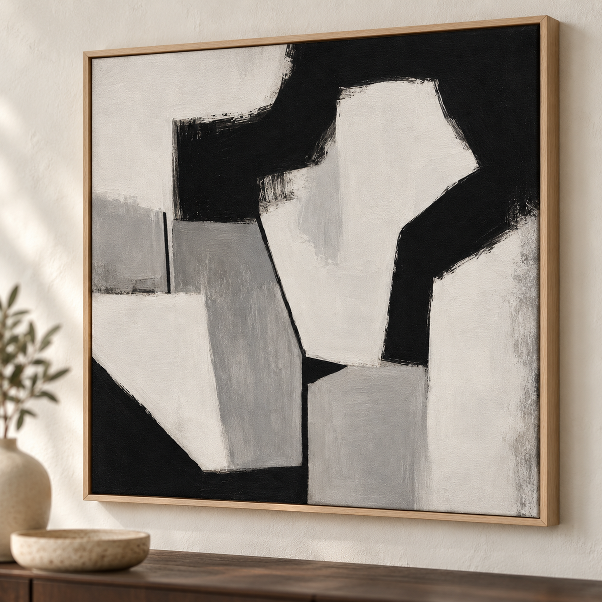 Monolith black white and grey abstract framed canvas by CNVS Art Studio