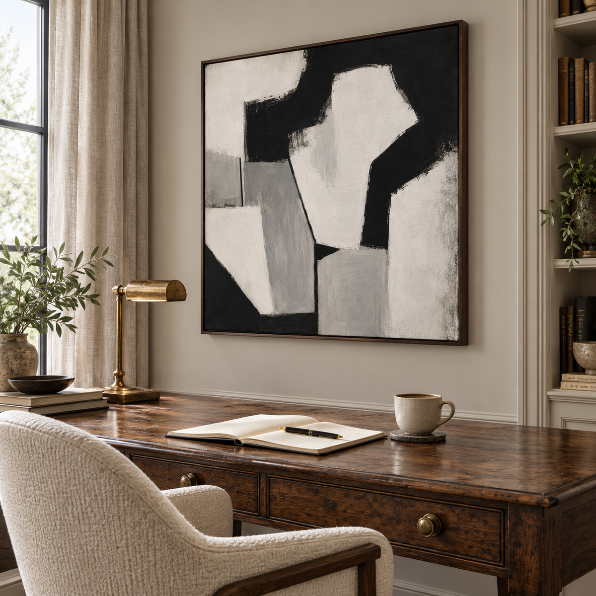 Monolith black white and grey abstract framed canvas by CNVS Art Studio