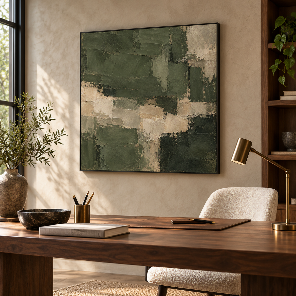 Moss & Stone abstract canvas in a black floating frame in a modern home office