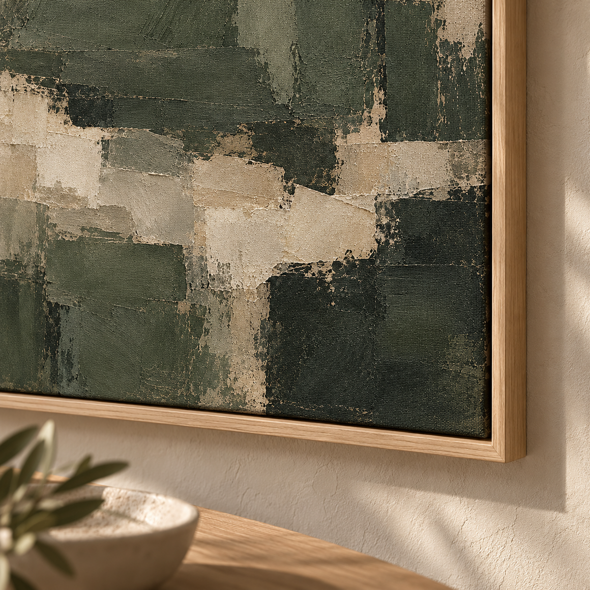 Close-up of Moss & Stone printed canvas detail and light oak floating frame