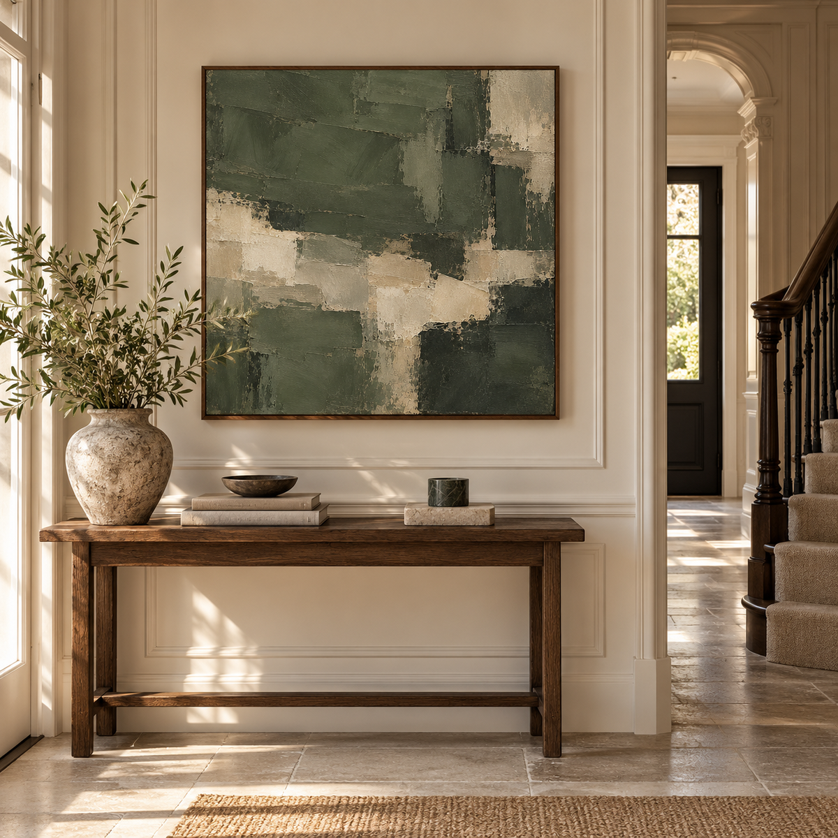 Moss & Stone abstract canvas in a dark oak floating frame in a townhouse hallway
