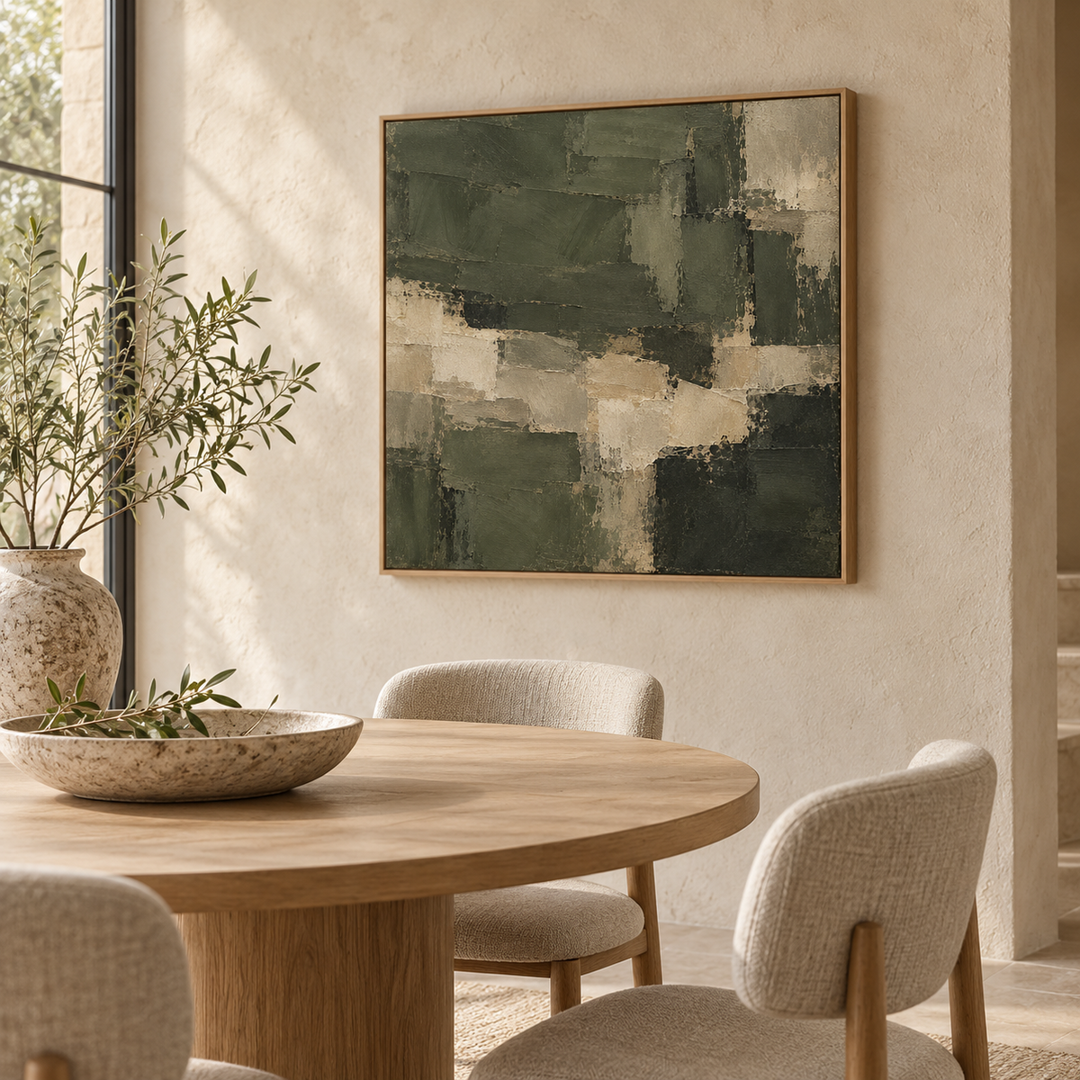 Moss & Stone abstract canvas in a light oak floating frame above an oak dining table