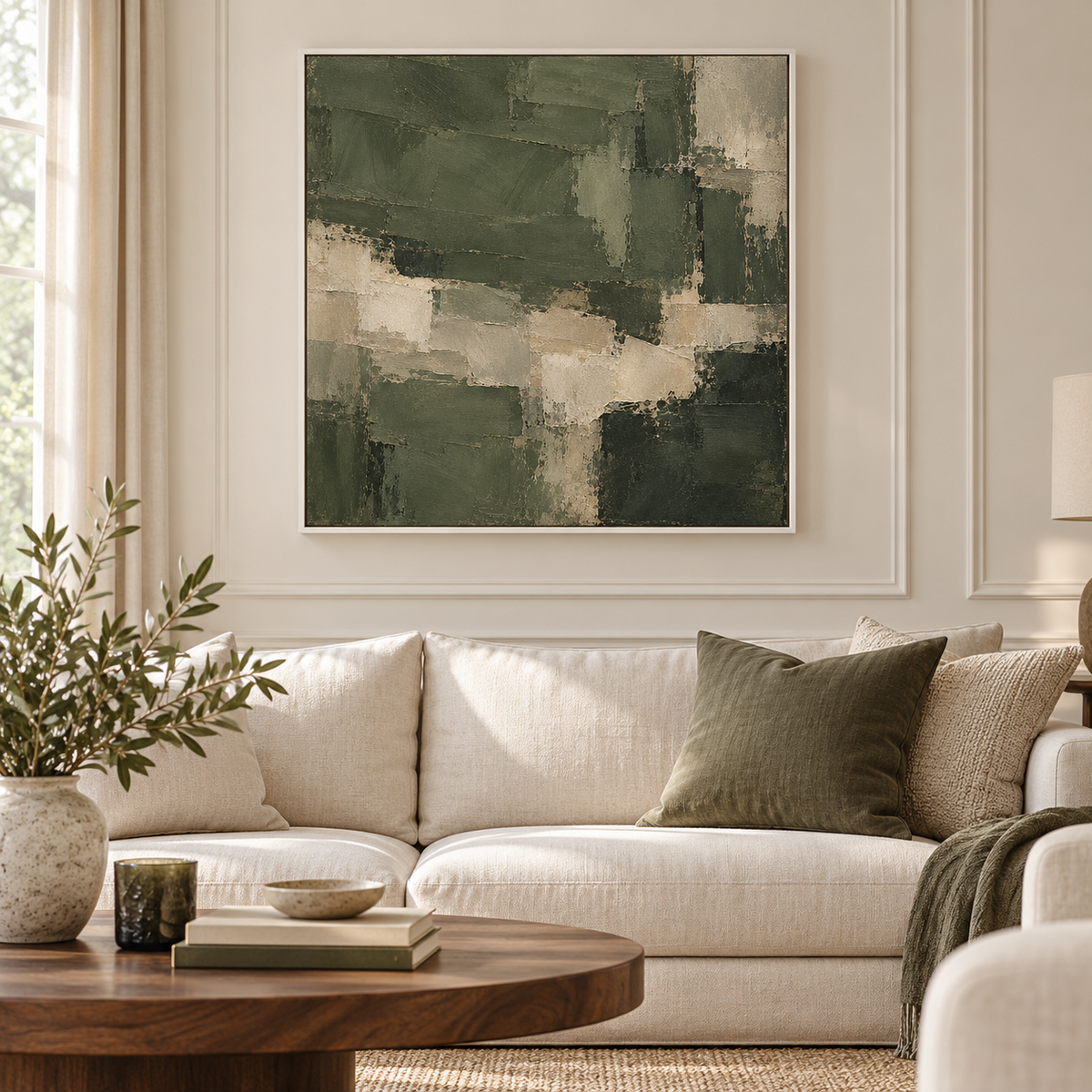 Moss & Stone olive green abstract canvas in a white floating frame above a cream sofa