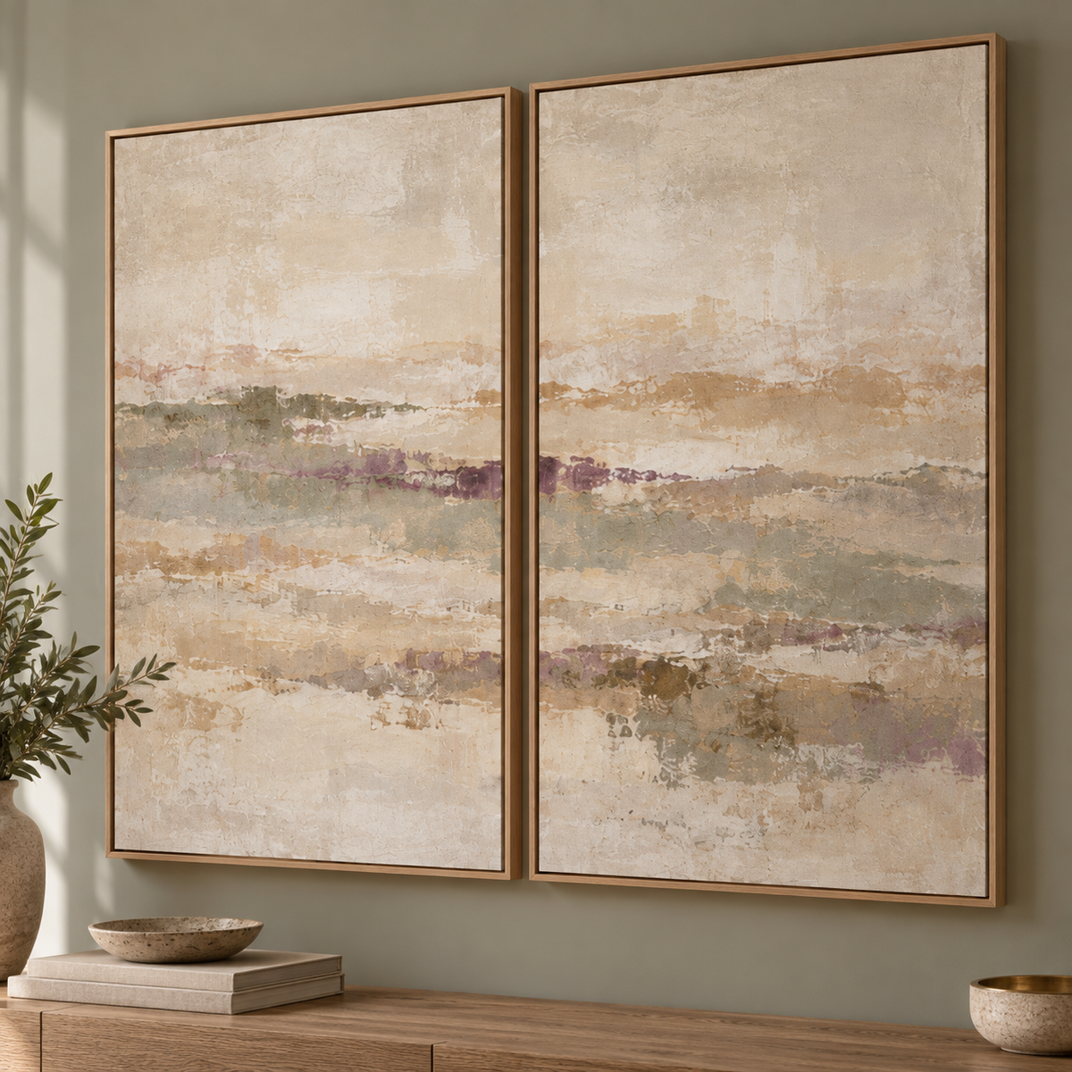 Muted Meadow I & II neutral abstract framed canvas diptych in light oak frames