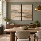 Muted Meadow I & II framed canvas diptych in a sage green dining room