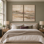 Muted Meadow I & II framed canvas diptych above a neutral linen bed