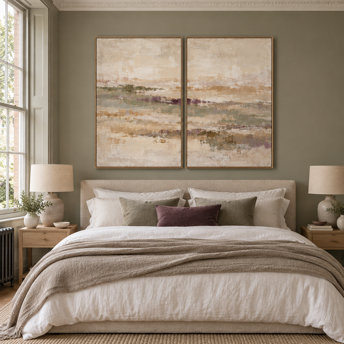Muted Meadow I & II framed canvas diptych above a neutral linen bed