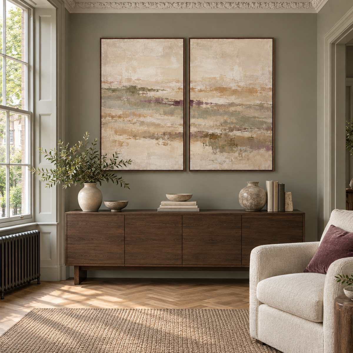Muted Meadow I & II framed canvas diptych in a sage green lounge