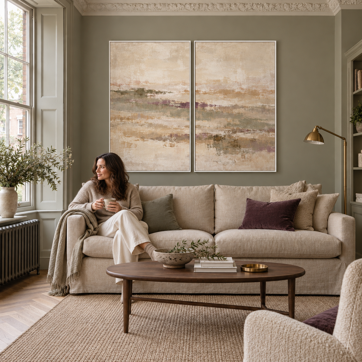 Muted Meadow I & II framed canvas diptych in a Victorian sitting room