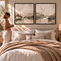 Quiet Horizon I & II neutral abstract canvas pair in black floating tray frames