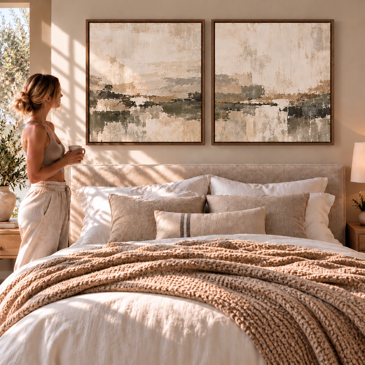Quiet Horizon I & II neutral abstract canvas pair in dark oak floating tray frames