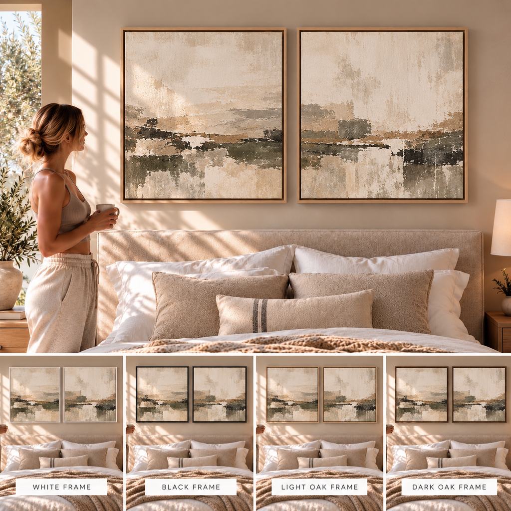 Quiet Horizon I & II shown in white, black, light oak and dark oak floating tray frames