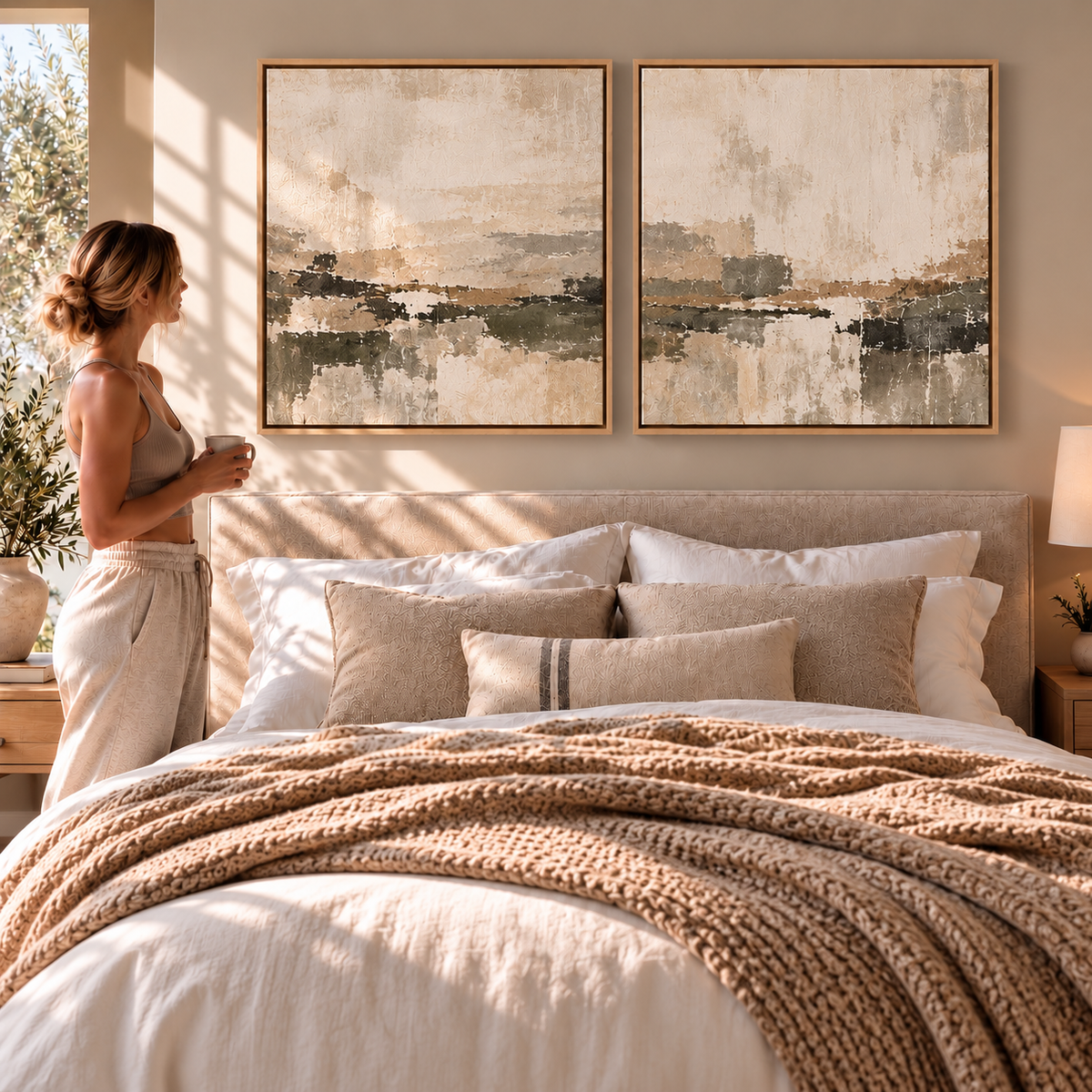 Quiet Horizon I & II neutral abstract canvas pair in light oak floating tray frames