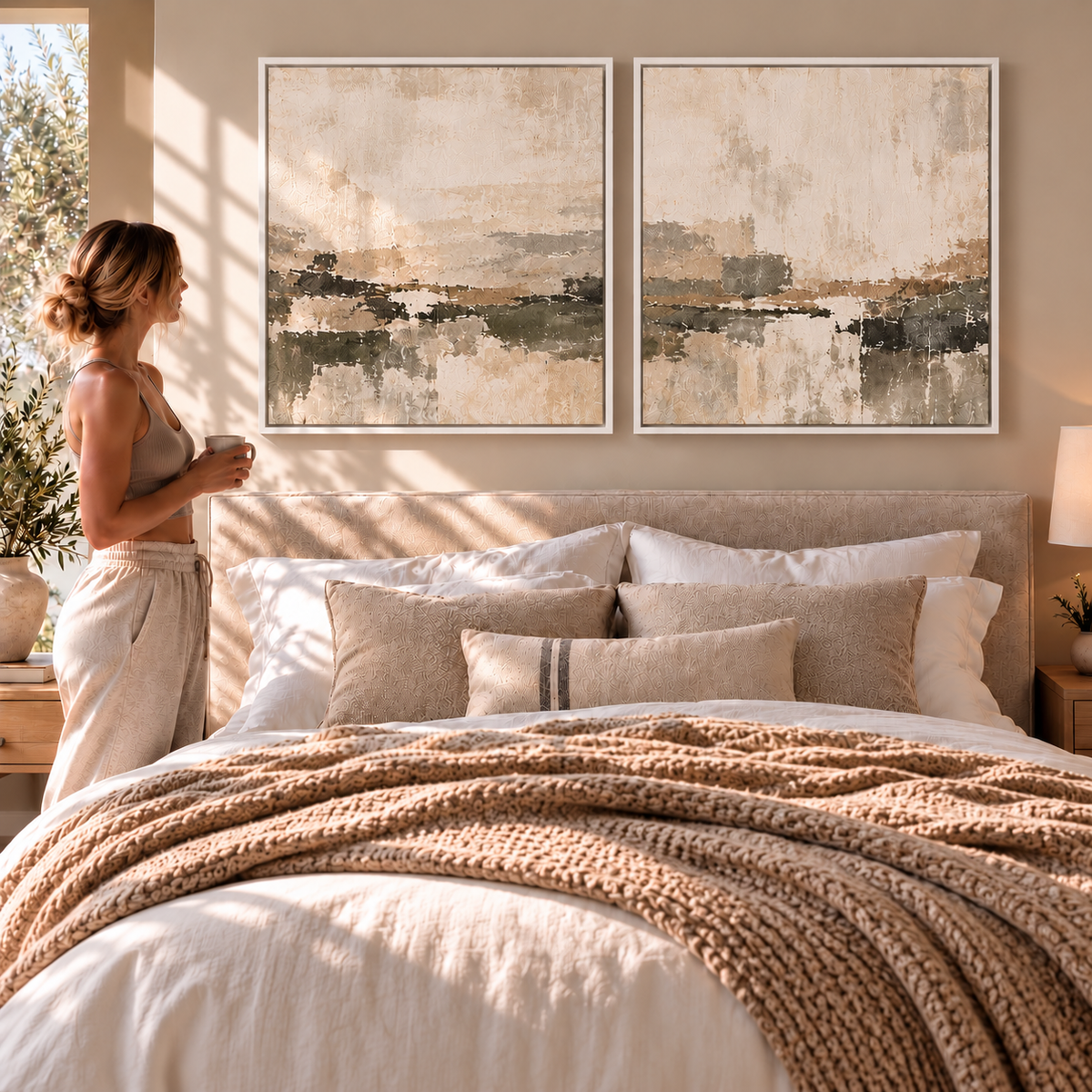 Quiet Horizon I & II neutral abstract canvas pair in white floating tray frames