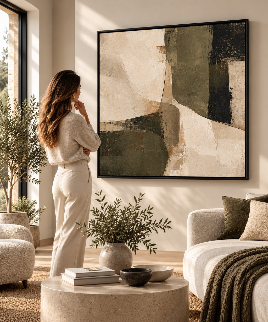 Olive abstract canvas in black floating frame styled in a neutral living room