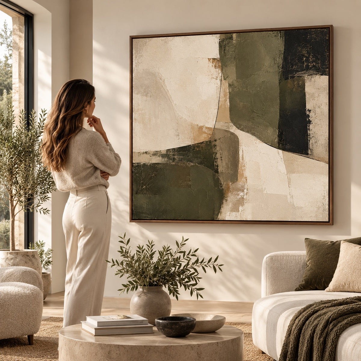 Olive abstract canvas in dark oak floating frame styled in a neutral living room