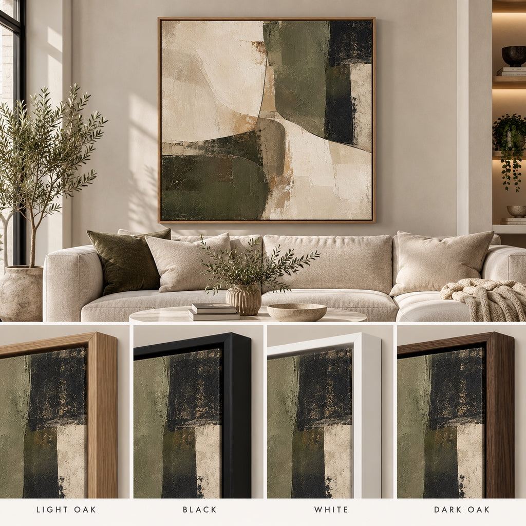 Olive abstract canvas available in light oak, black, white and dark oak float frames