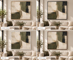 Olive green square canvas wall art in four floating frame finishes