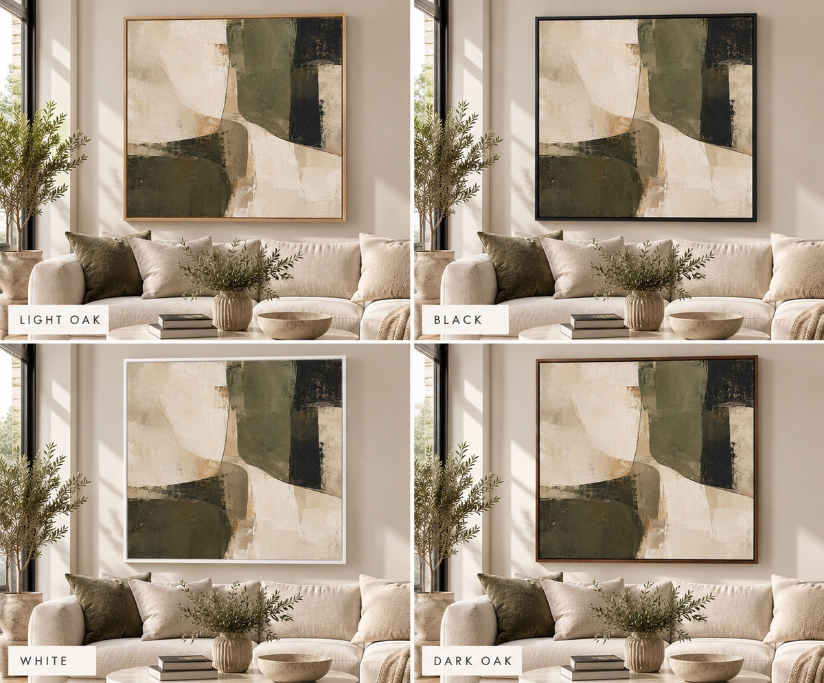 Olive green square canvas wall art in four floating frame finishes