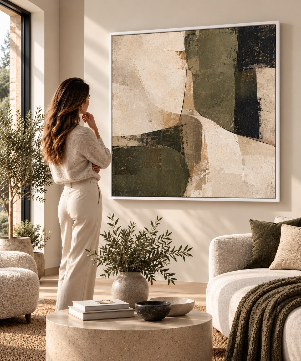 Olive abstract canvas in white floating frame styled in a neutral living room