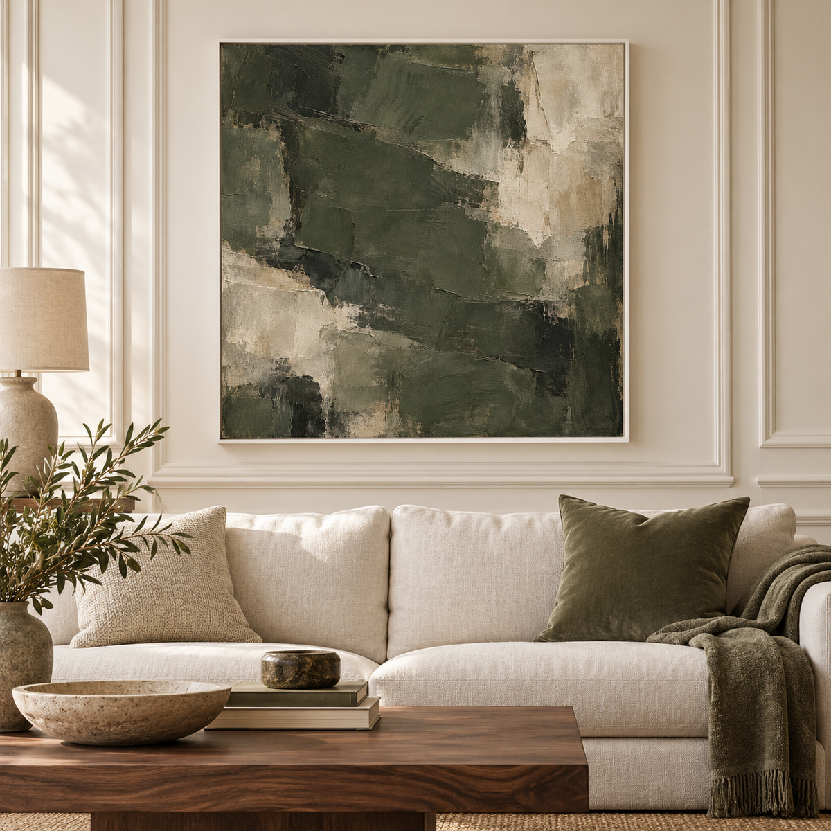 Olive Strata framed abstract canvas wall art - lifestyle view 1
