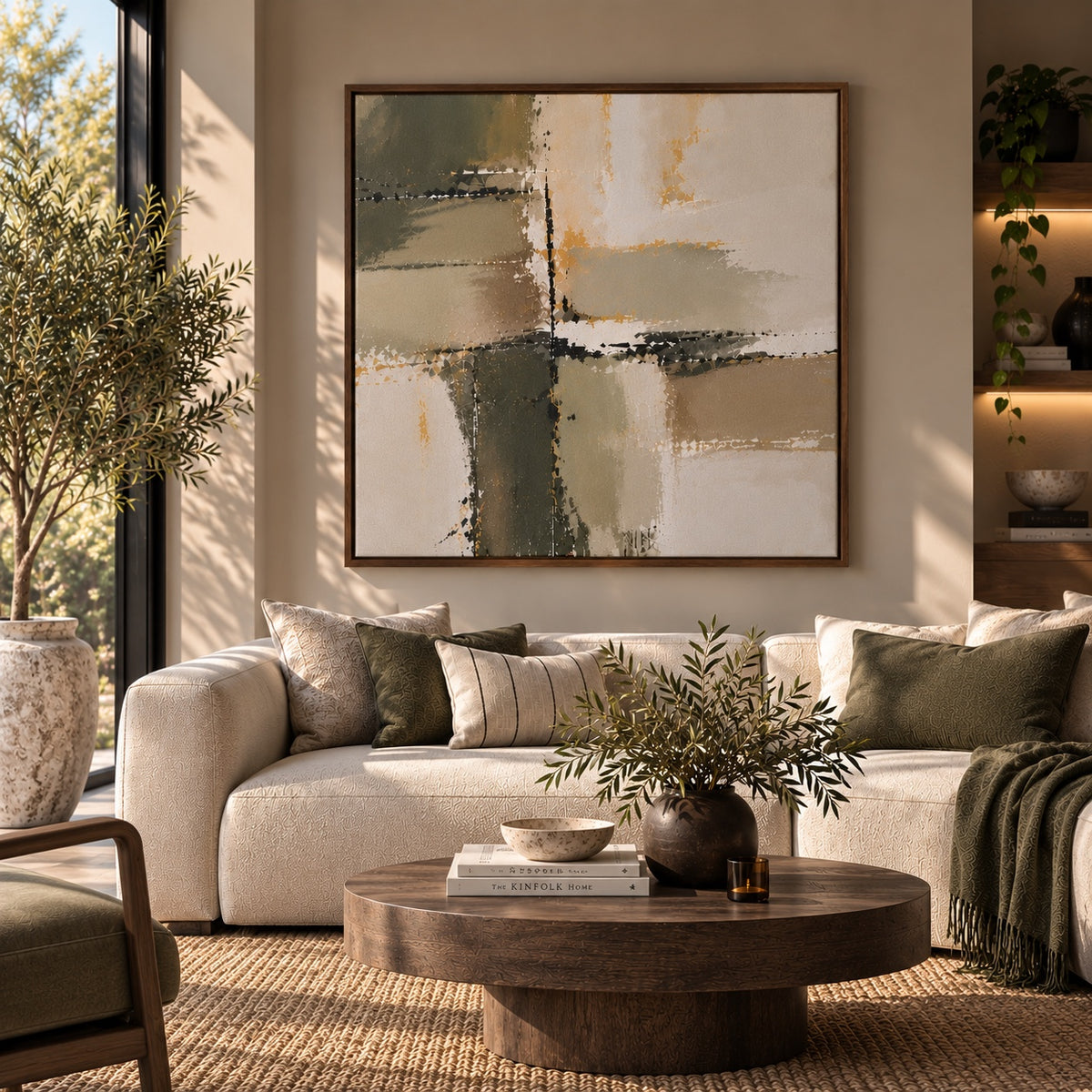 Olive Structure abstract canvas in a dark oak floating frame