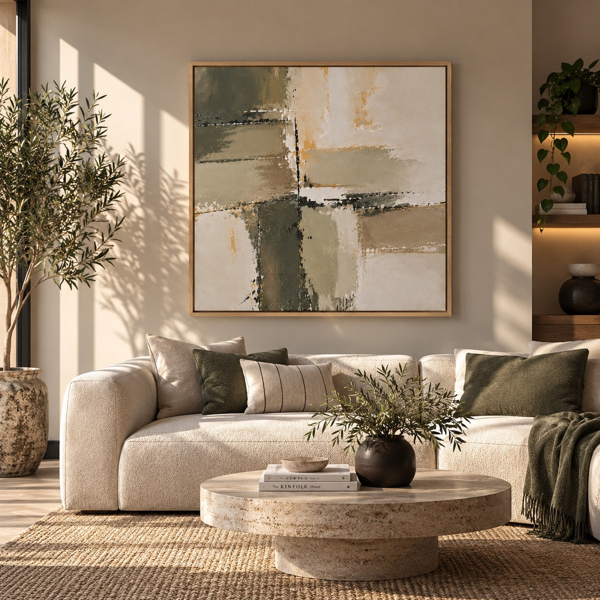 Olive Structure abstract canvas in a light oak floating frame
